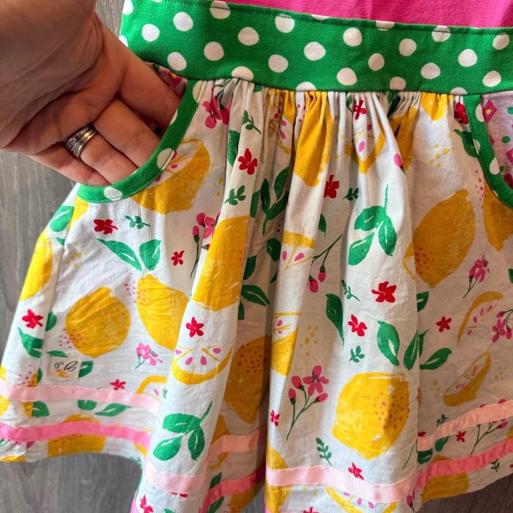 Wildflowers Lemon Print Dress Girls 2 Pink Green Polka Dot Ruffle Summer Cottage